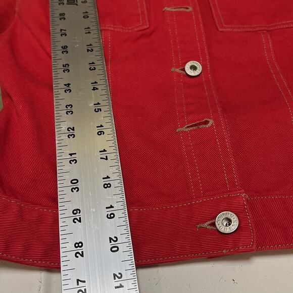 Guess Women's Denim Jacket Medium Vtg Red Jean Pockets Trucker Biker 90's Y2K - Picture 9 of 10